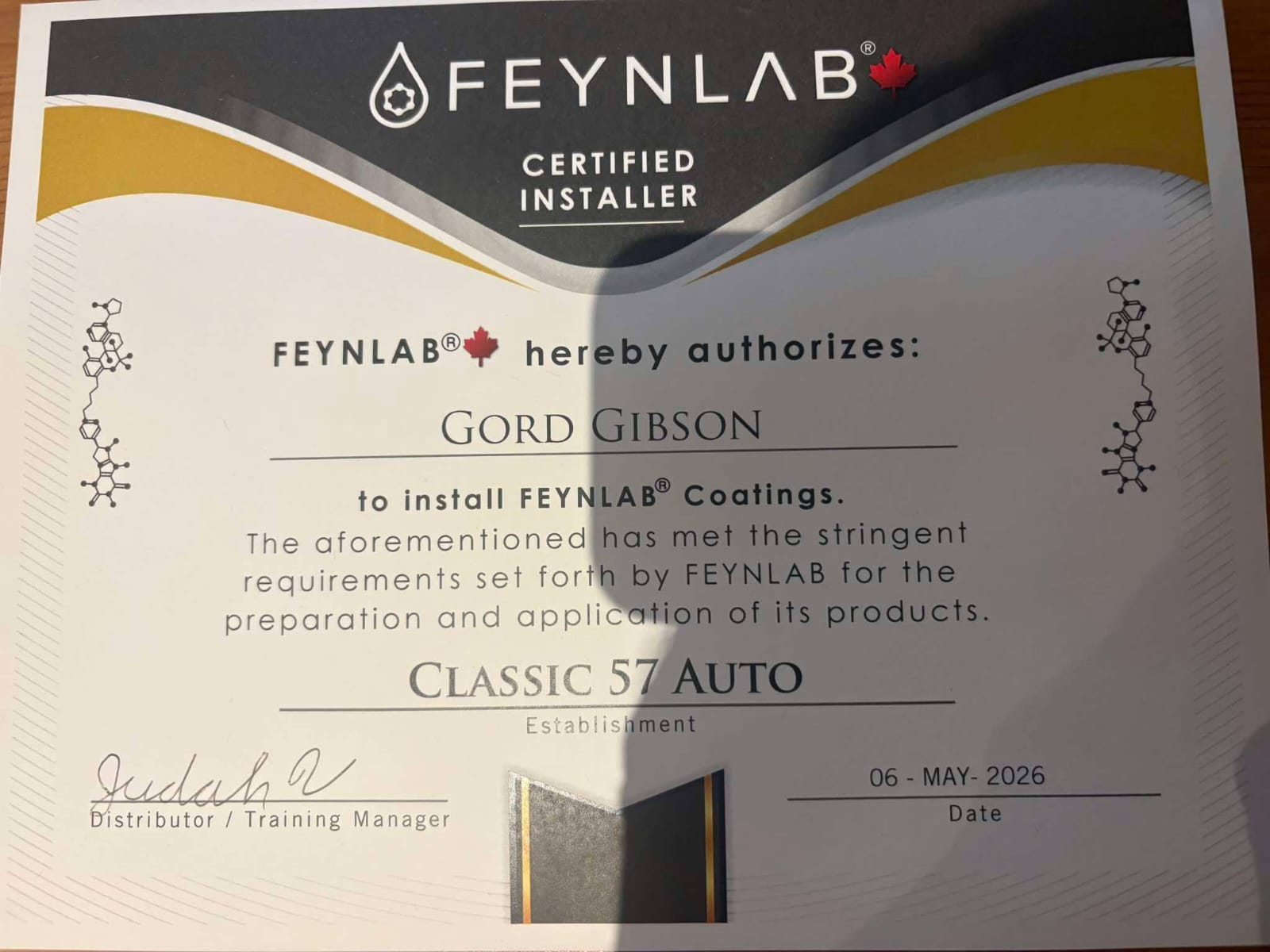 Feynlab Certified Installer Certificate — Classic 57 Auto Detailing, Gord Gibson